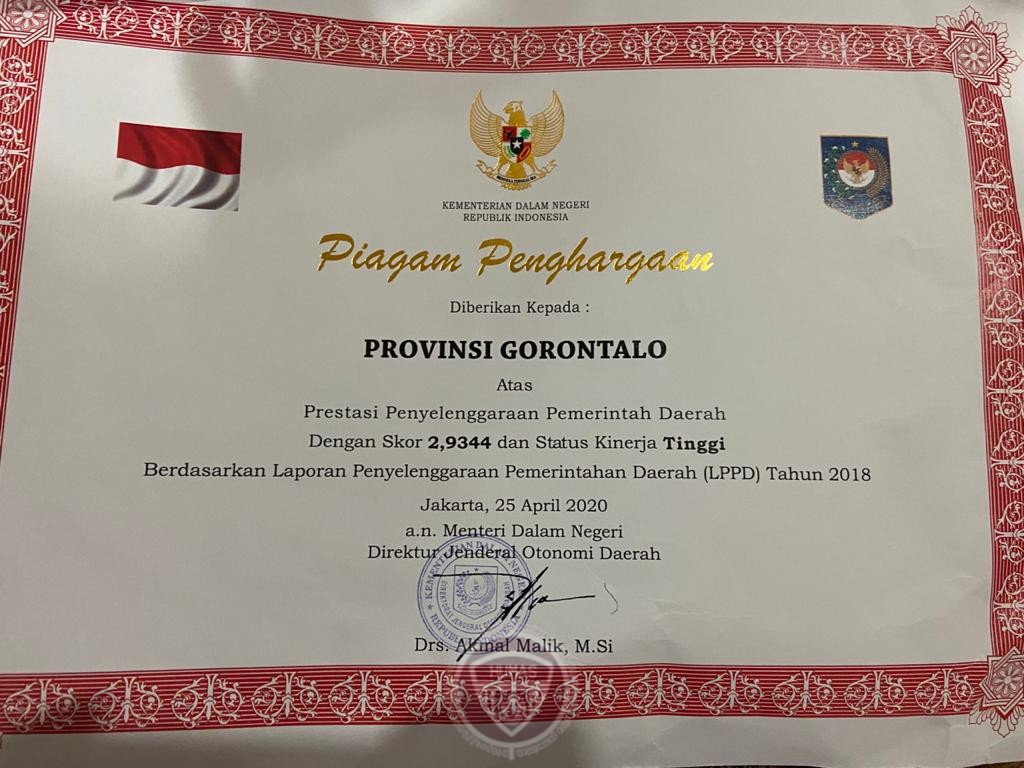  LPPD 2018 Pemprov Gorontalo Berstatus Kinerja Tinggi