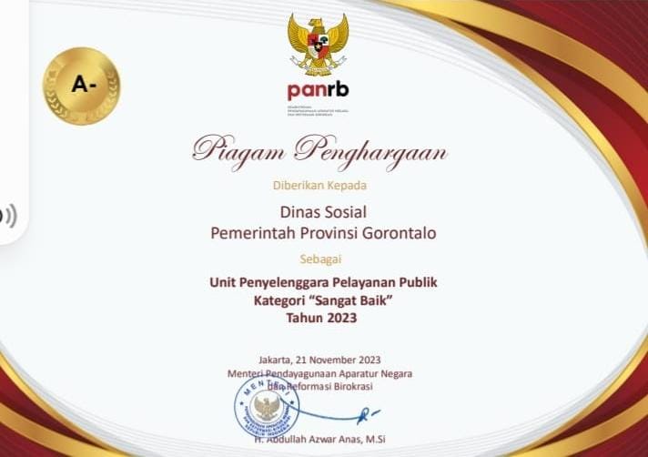  Dinsos Provinsi Gorontalo Raih Penghargaan ‘Sangat Baik’ Dari Kemenpan-RB